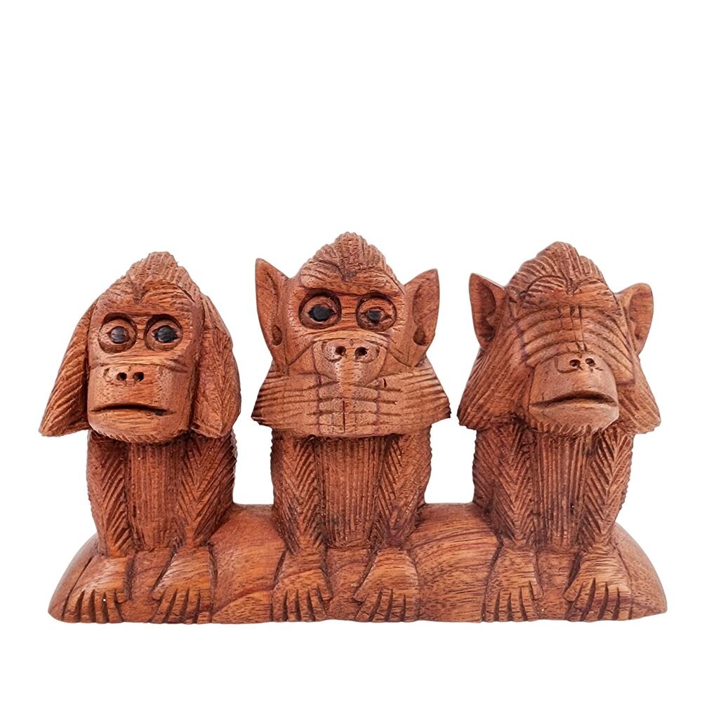 Wooden Japanese 3 Wise Monkeys Figurine See Hear Speak No Evil Wayan Rendah